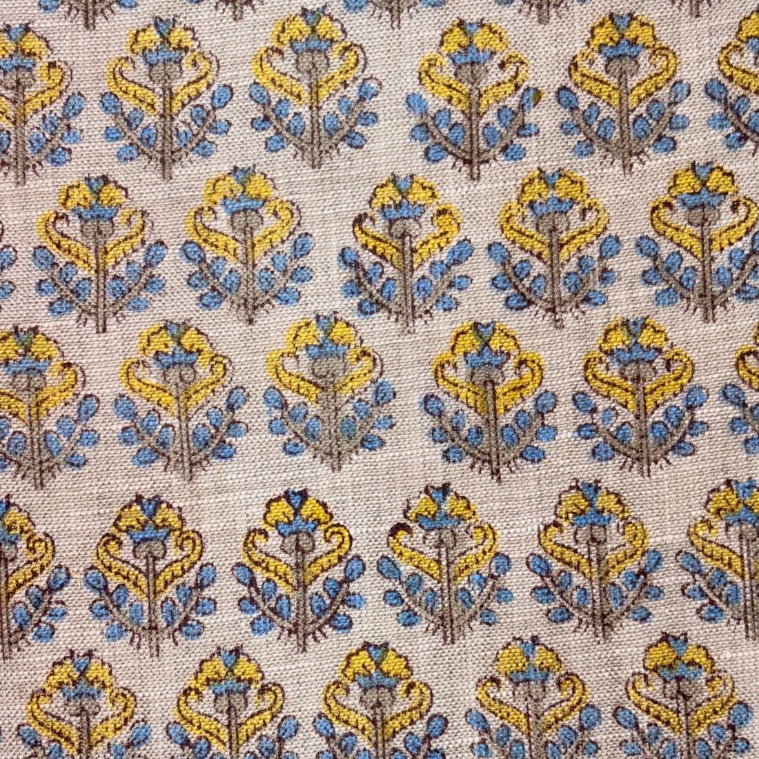 Patterned fabric with blue and yellow floral design on a grey background