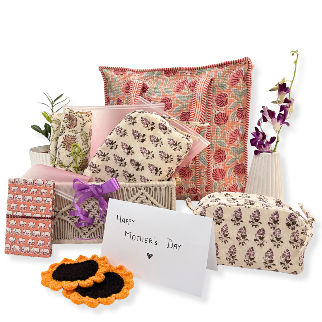 Collection of floral patterned pouches and fabric, tote bag and journal.