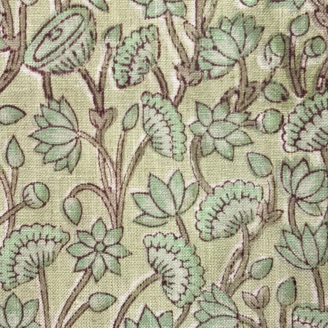 Close-up of a fabric with green floral pattern on grey background