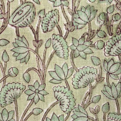 Close-up of a fabric with green floral pattern on grey background