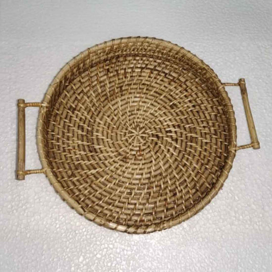 Cane Round Serving Tray with Handle