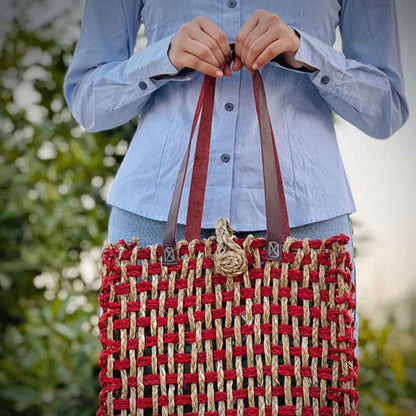 Anvaya Sabai Tote - Handwoven Dual-Tone Mesh Bag in Red & Natural