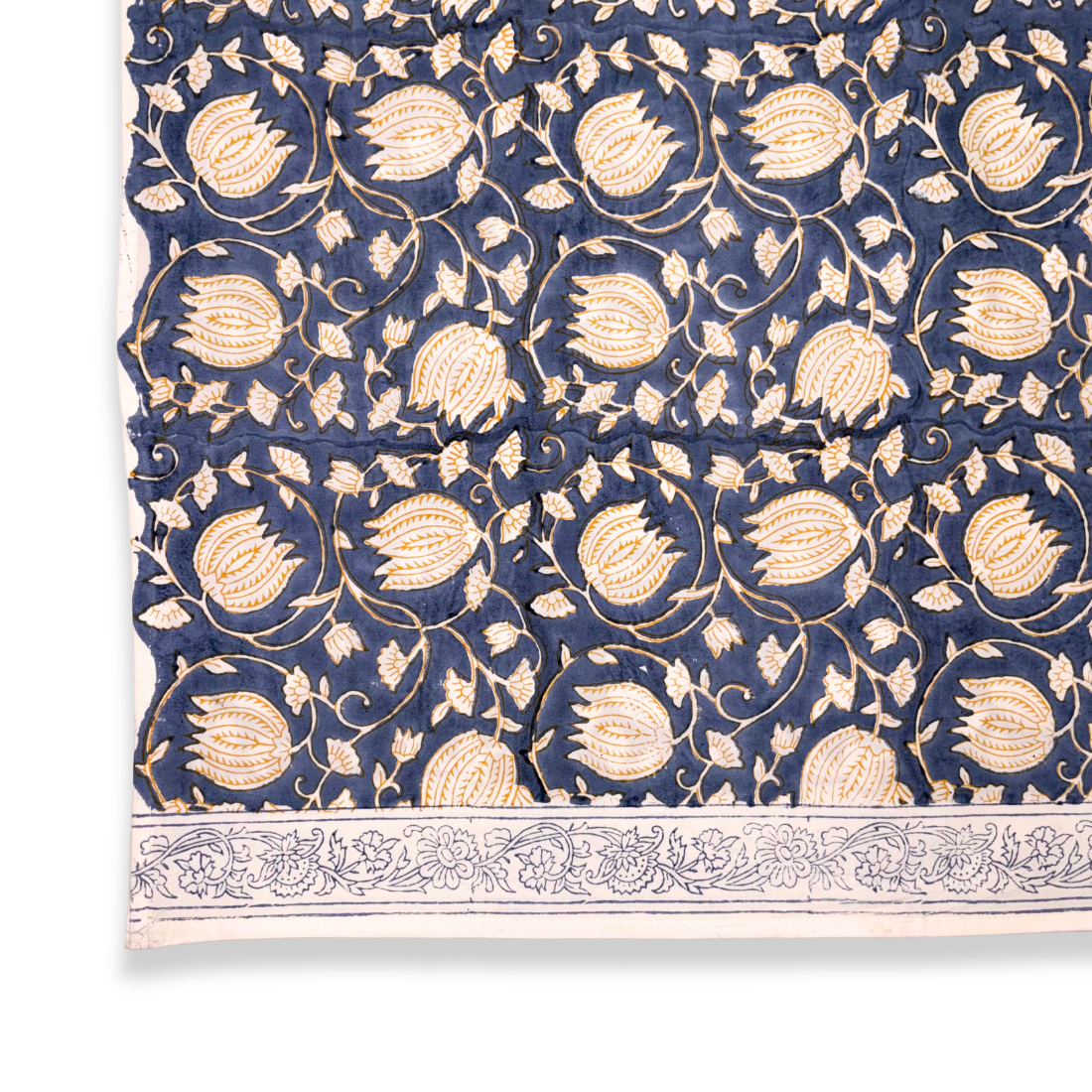 Navy blue tablecloth with gold floral pattern