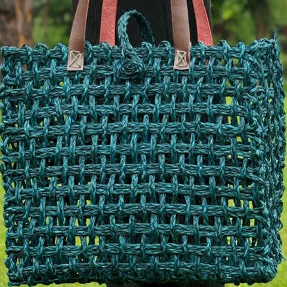 Neerja Sabai Tote - Handwoven Mesh Cane Bag in Teal