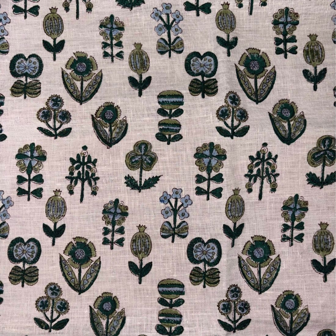 Patterned fabric with stylized floral designs on a grey background