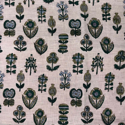 Patterned fabric with stylized floral designs on a grey background