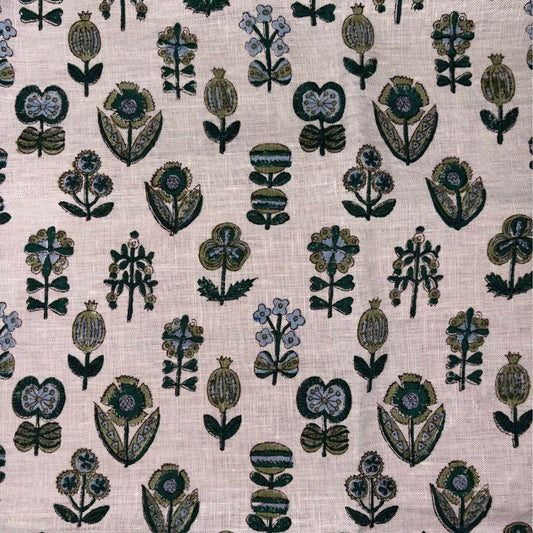 Patterned fabric with stylized floral designs on a grey background