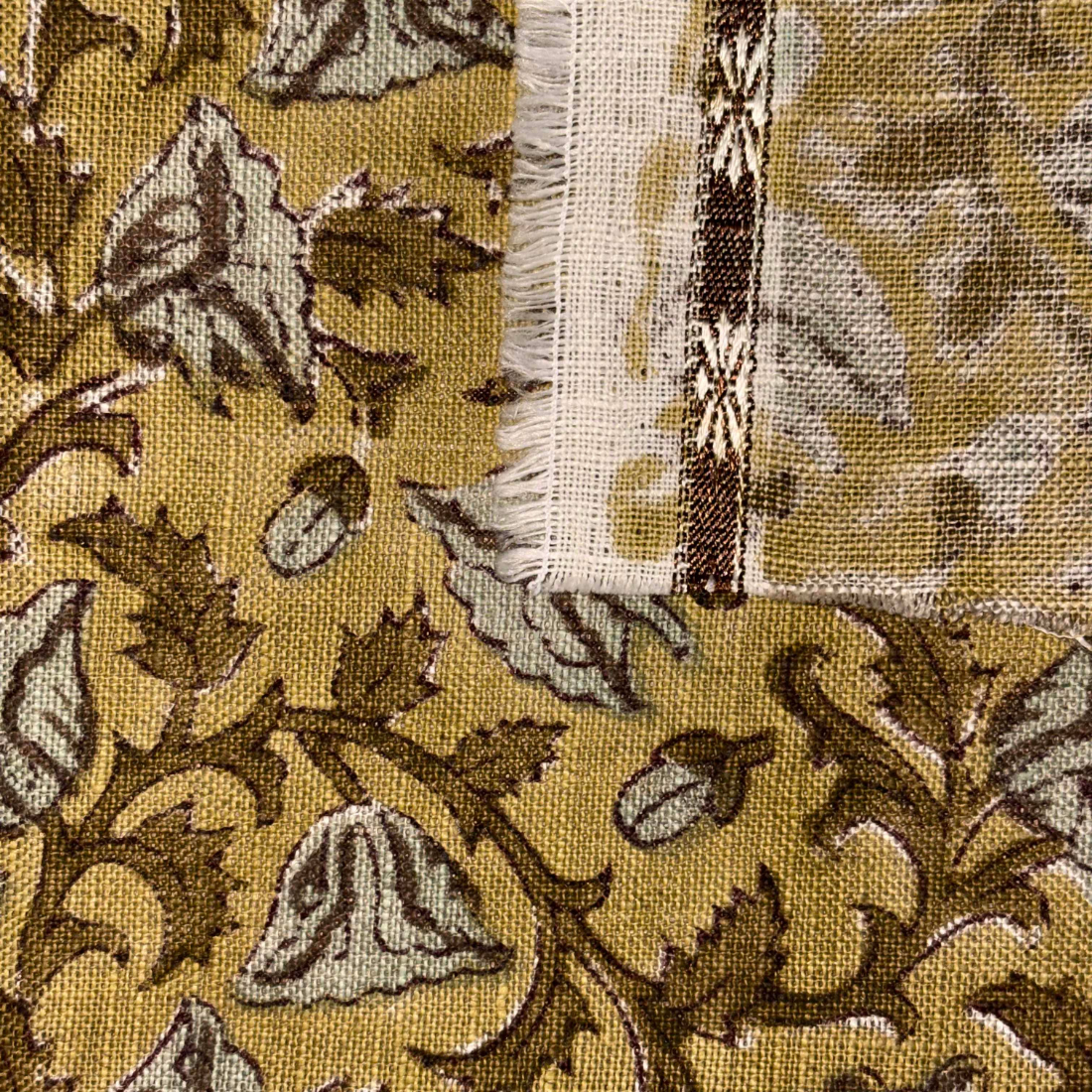 Close-up of a fabric with a floral pattern on a yellow background
