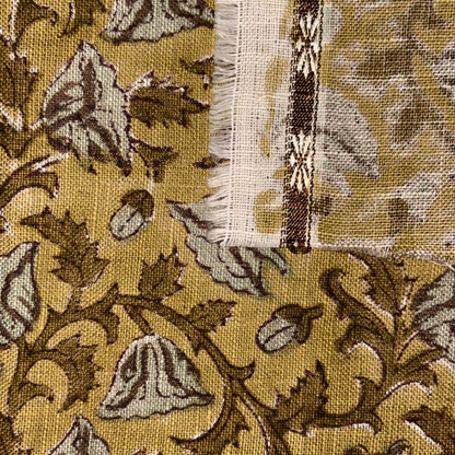 Close-up of a fabric with a floral pattern on a yellow background