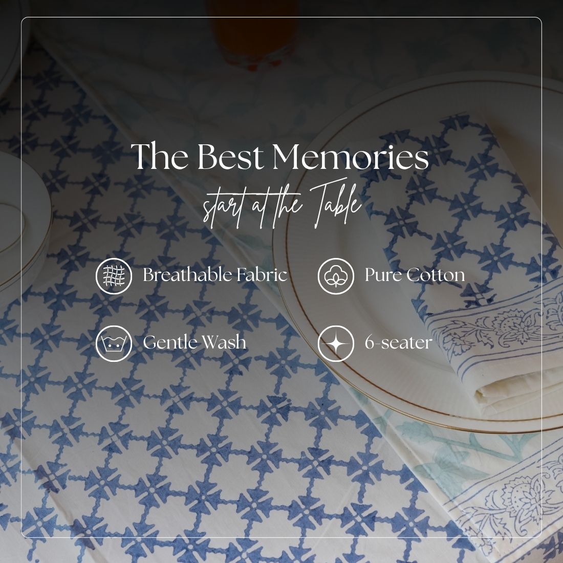 Table setting with blue and white patterned tablecloth and napkin, text overlay about tableware features.