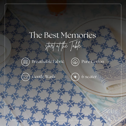Table setting with blue and white patterned tablecloth and napkin, text overlay about tableware features.
