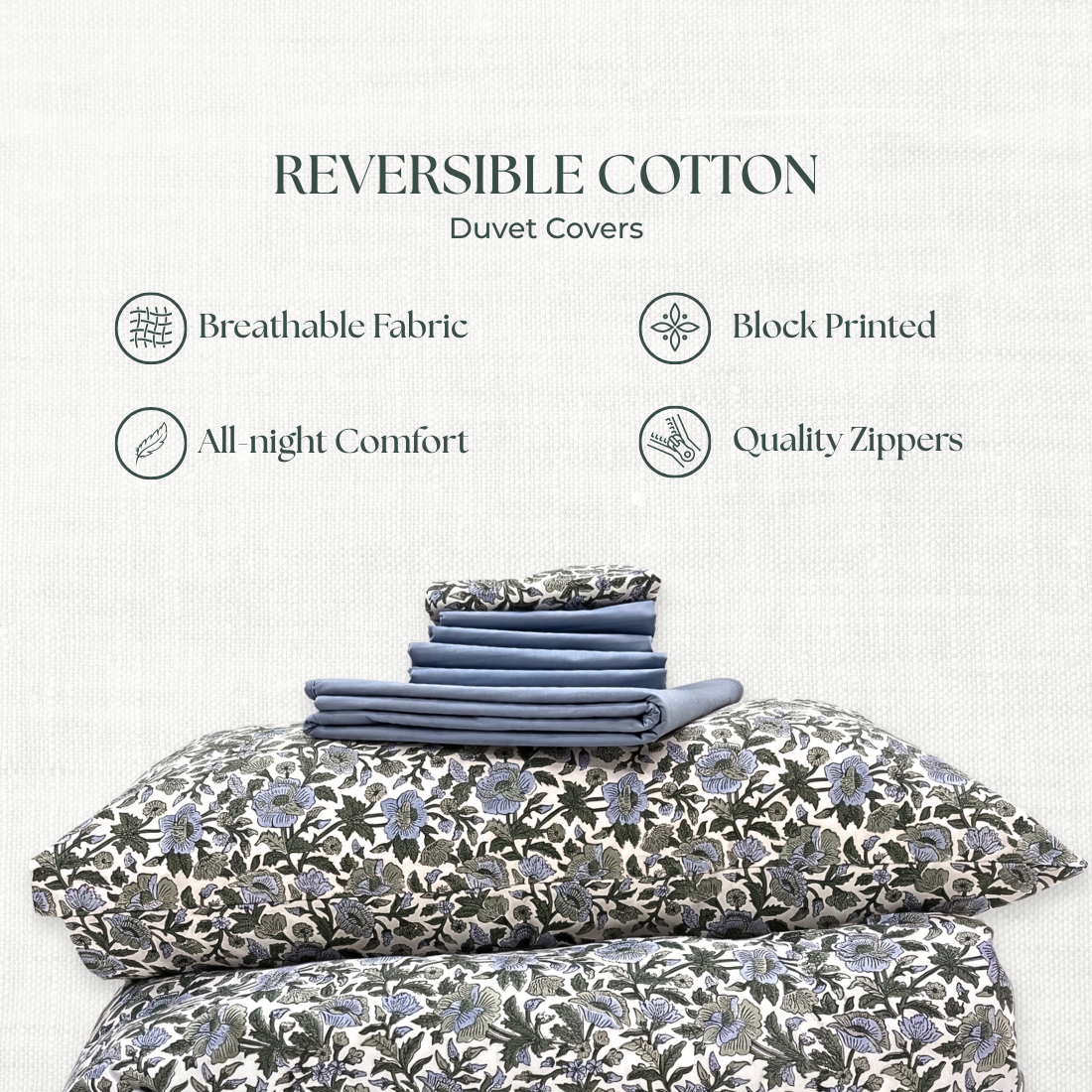 Reversible cotton duvet covers with floral pattern on a white background