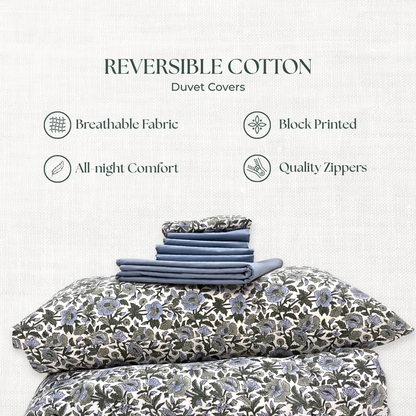 Reversible cotton duvet covers with floral pattern on a white background