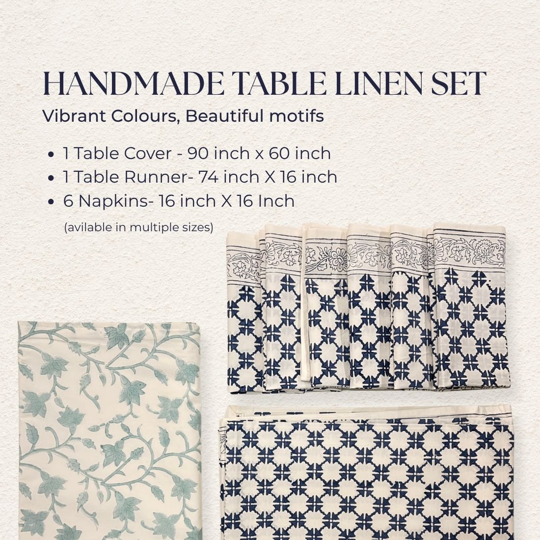 Handmade table linen set with patterns and sizes on a light background