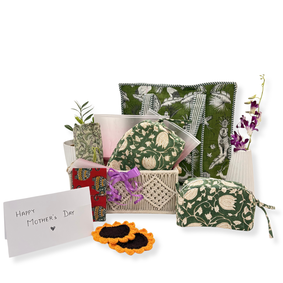 Collection of floral patterned pouches and fabric, tote bag and journal.