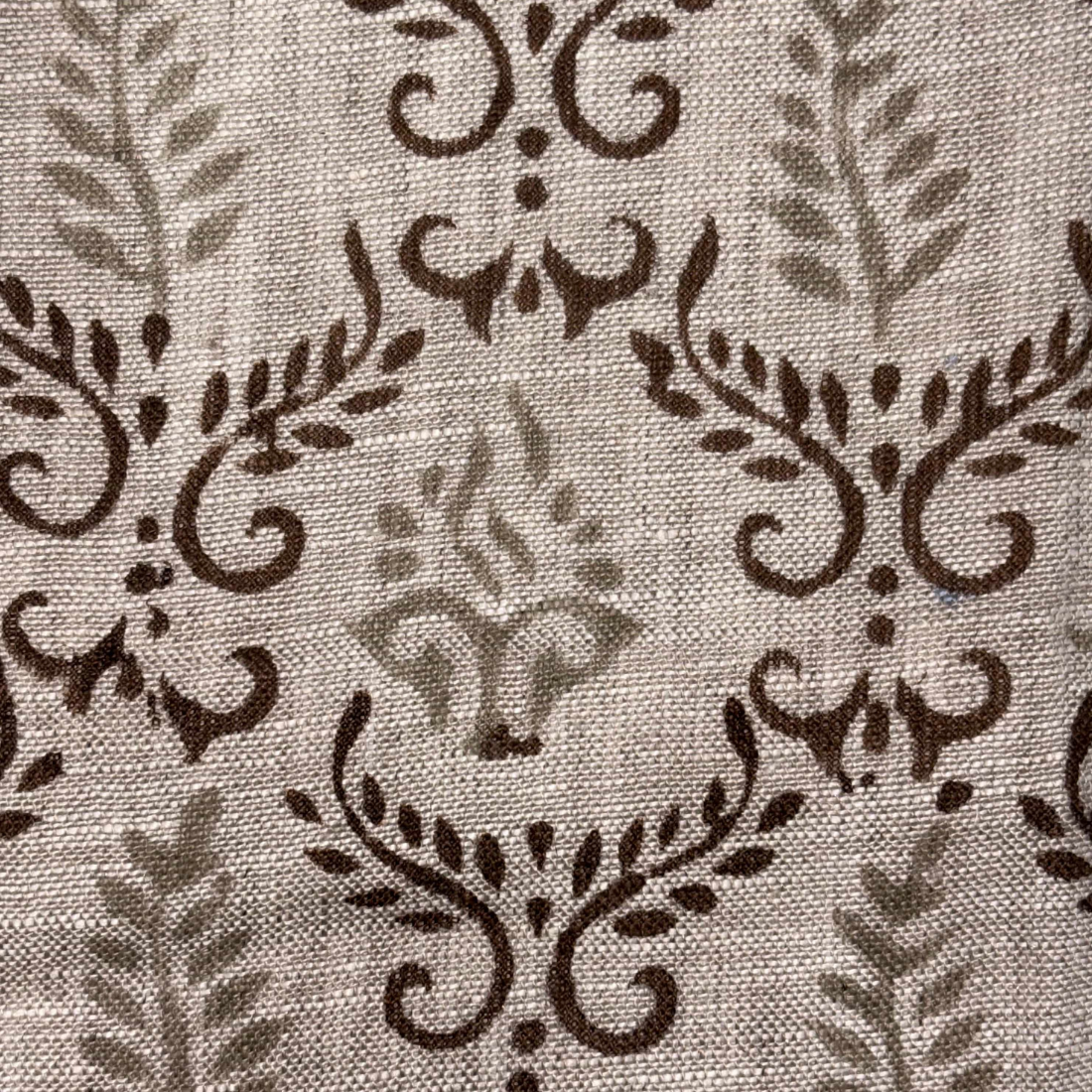 Close-up of fabric with brown floral pattern on grey background