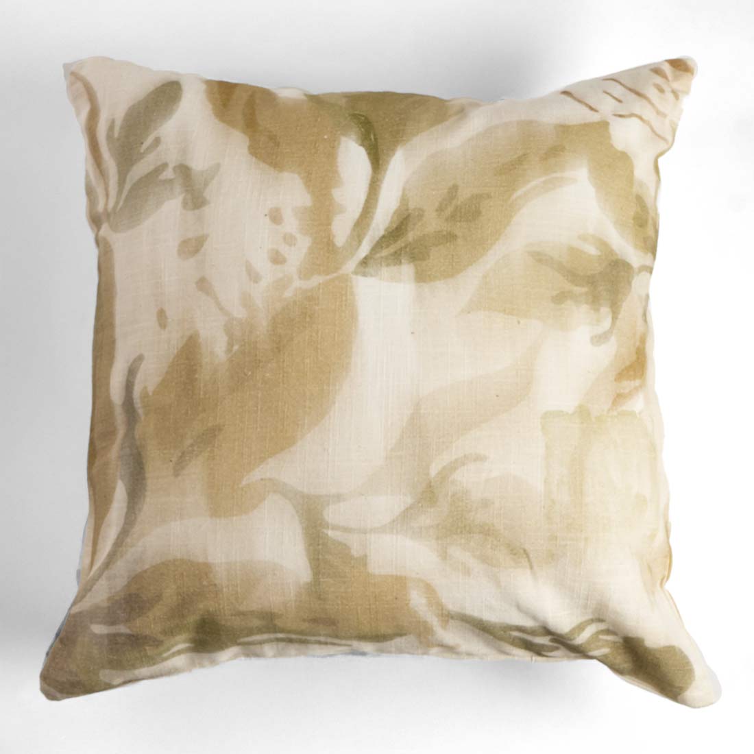 Decorative pillow with a beige and brown abstract pattern on a white background