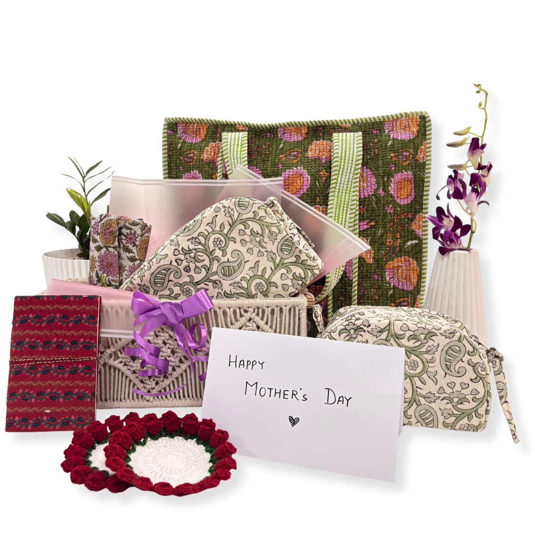 Collection of patterned pouches and fabric, tote bag and journal.