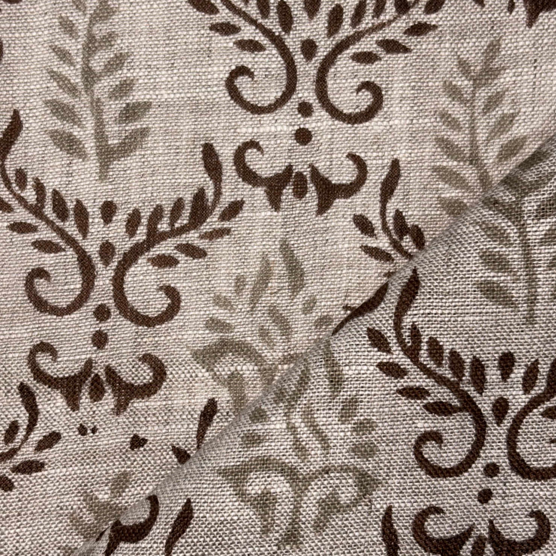 Textile pattern with brown floral and leaf designs on a grey background