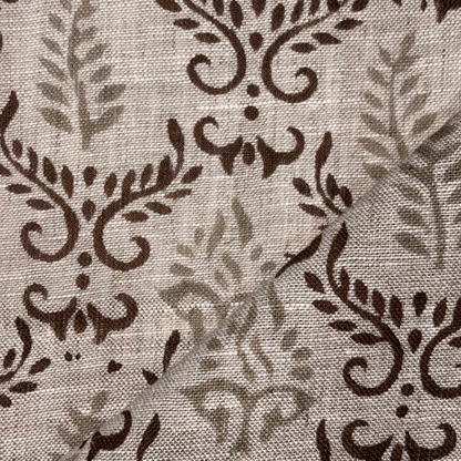 Textile pattern with brown floral and leaf designs on a grey background