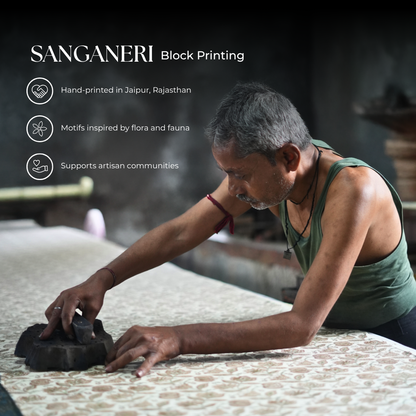 Man engaged in Sanganeri block printing with text about the art form.