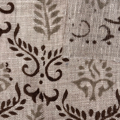 Close-up of a fabric with brown floral patterns on a grey background