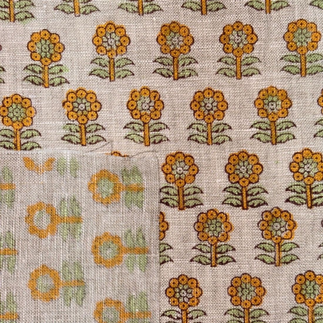 Floral patterned fabric with orange flowers on a grey background