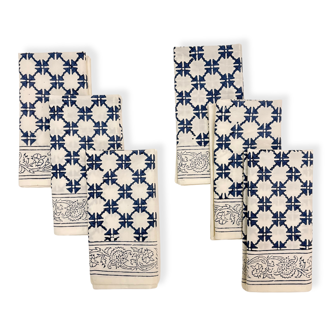 Set of six napkins with blue and white geometric pattern on a white background