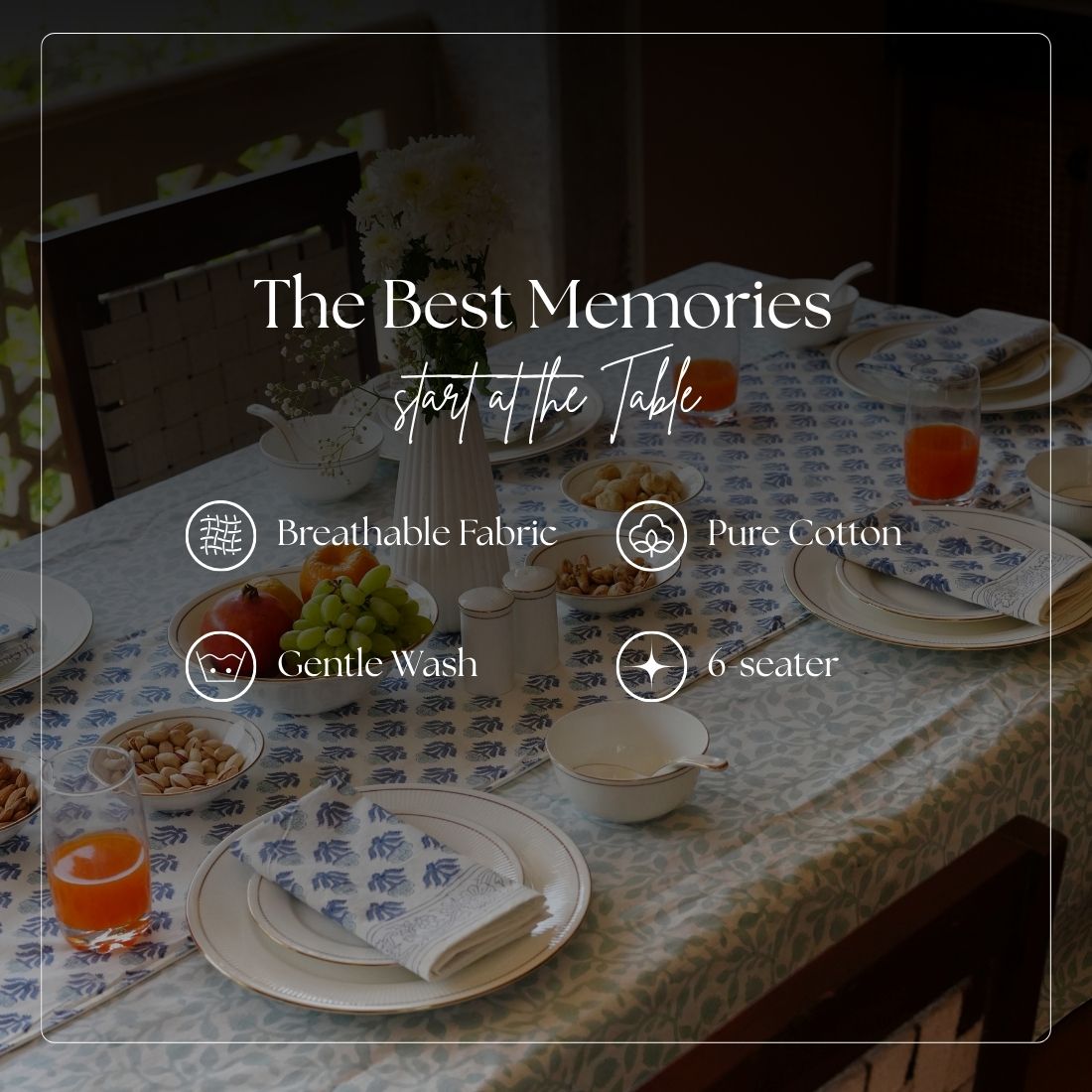 Table setting with blue and white patterned tablecloth and napkin, text overlay about tableware features.
