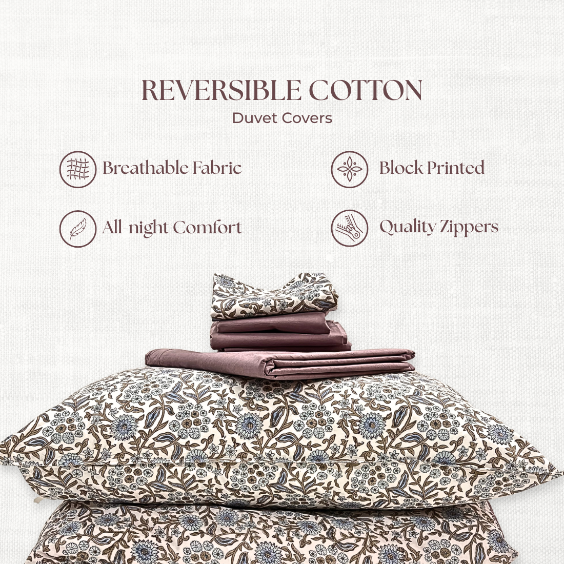 Reversible cotton duvet covers with floral patterns on a light background