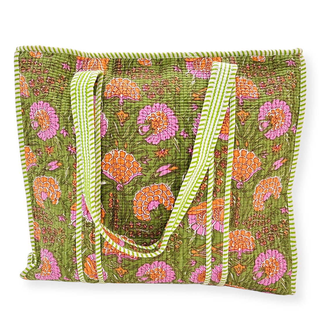 Green floral-patterned tote bag with white handle on a white background