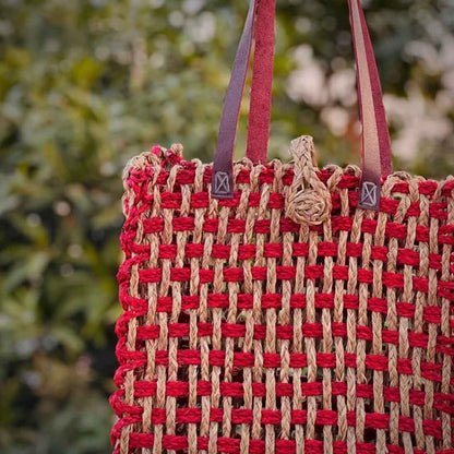 Anvaya Sabai Tote - Handwoven Dual-Tone Mesh Bag in Red & Natural