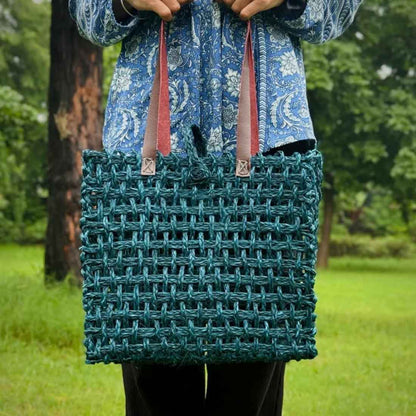 Neerja Sabai Tote - Handwoven Mesh Cane Bag in Teal