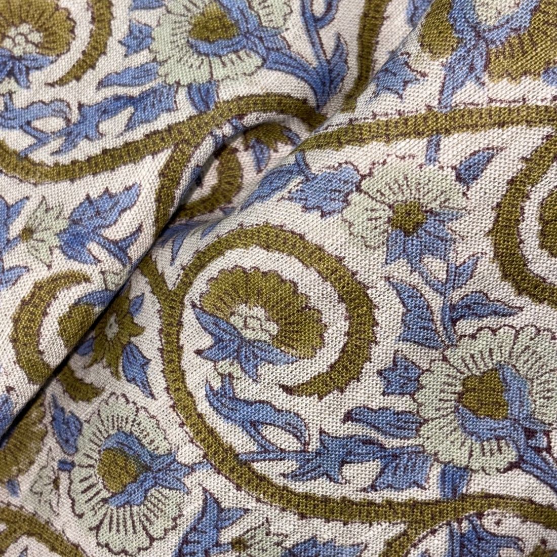 Close-up of floral patterned fabric with blue and green colors.
