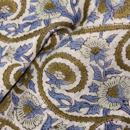 Close-up of floral patterned fabric with blue and green colors.