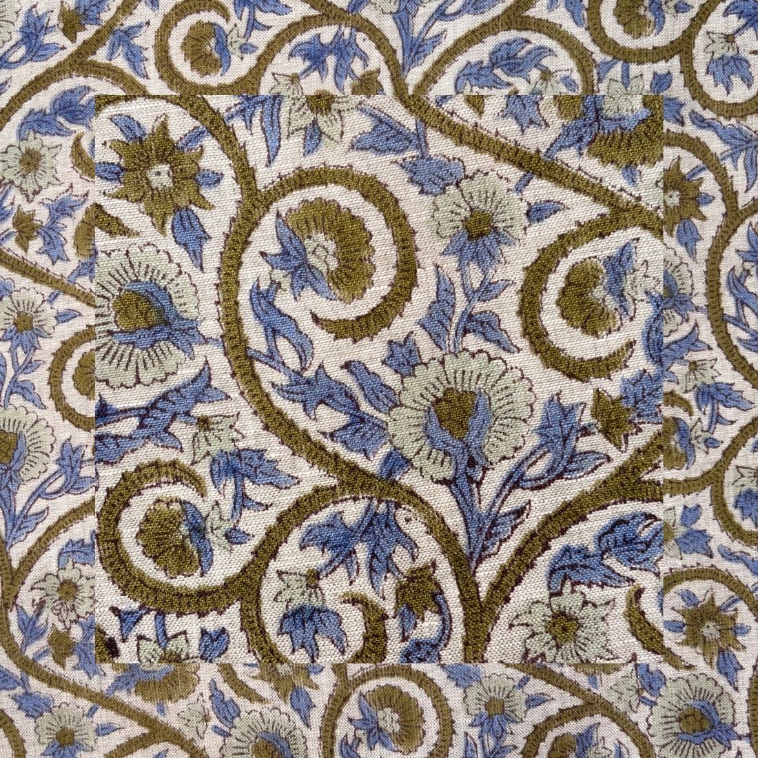 Close-up of a floral patterned fabric with blue, green, and brown colors.