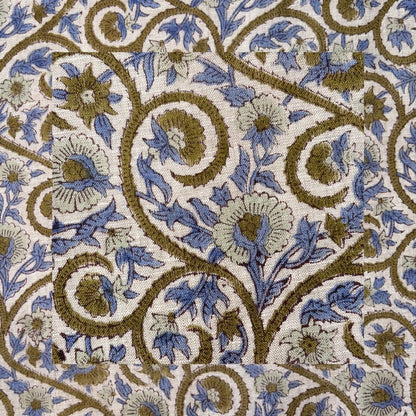 Close-up of a floral patterned fabric with blue, green, and brown colors.