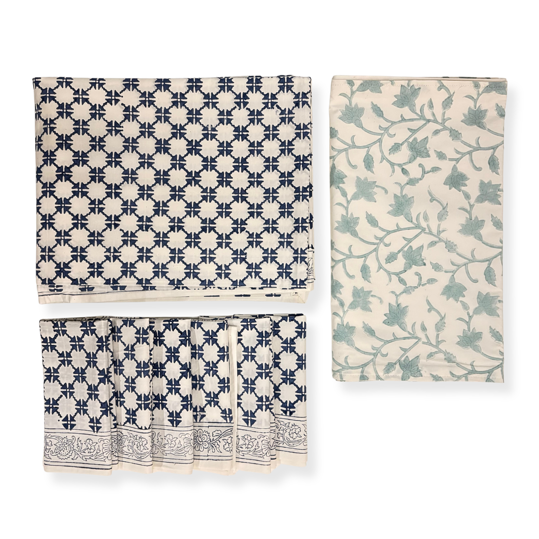 Three patterned fabric swatches on a white background