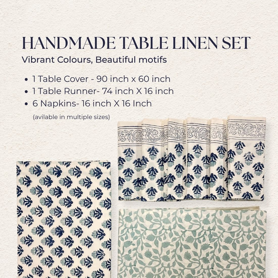 Handmade table linen set with patterns and sizes on a light background