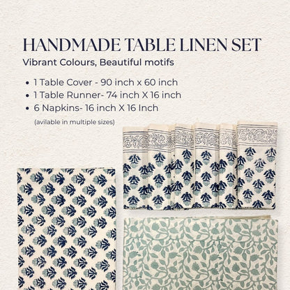Handmade table linen set with patterns and sizes on a light background