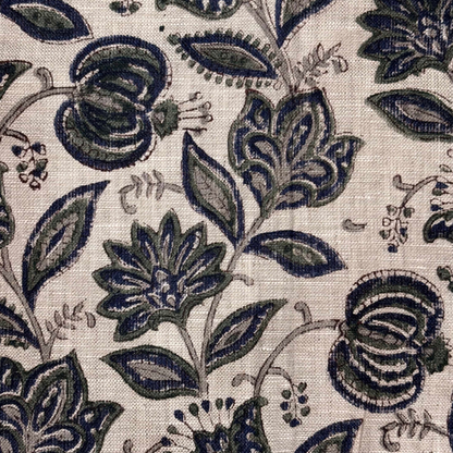 Close-up of a floral pattern with blue and green leaves on a grey background