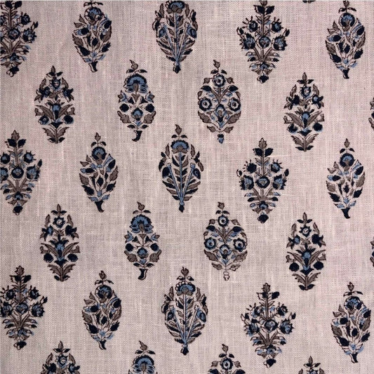 Patterned fabric with blue and brown floral designs on a grey  background