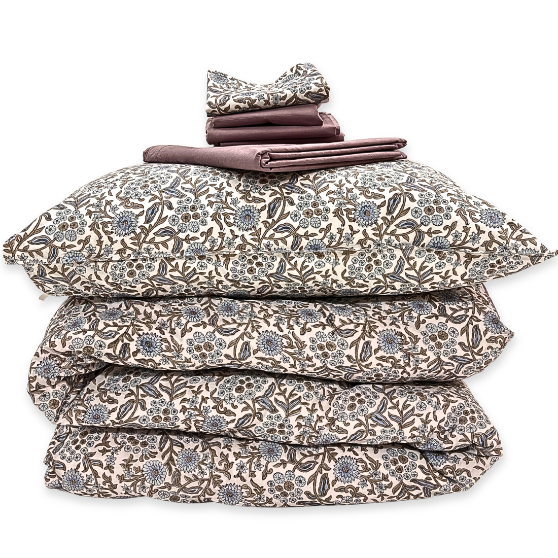 Floral patterned bedding set on a white background