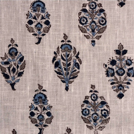 Patterned fabric with decorative elements on a grey background