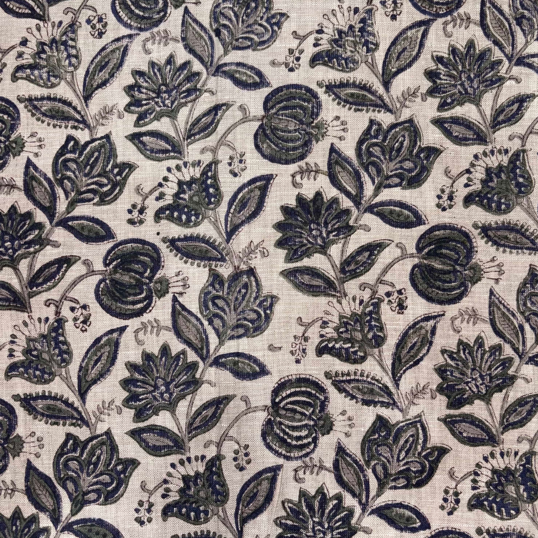 Navy floral pattern on a grey background