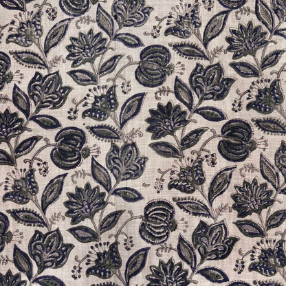 Navy floral pattern on a grey background