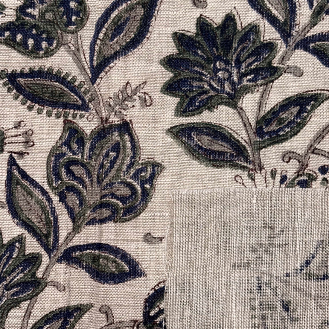 Close-up of floral patterned fabric with dark blue leaves on a grey background