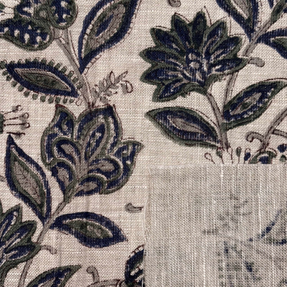 Close-up of floral patterned fabric with dark blue leaves on a grey background