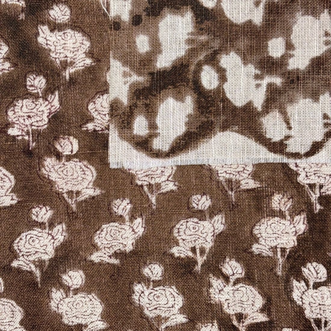 Brown fabric with white floral pattern and a close-up of the texture.