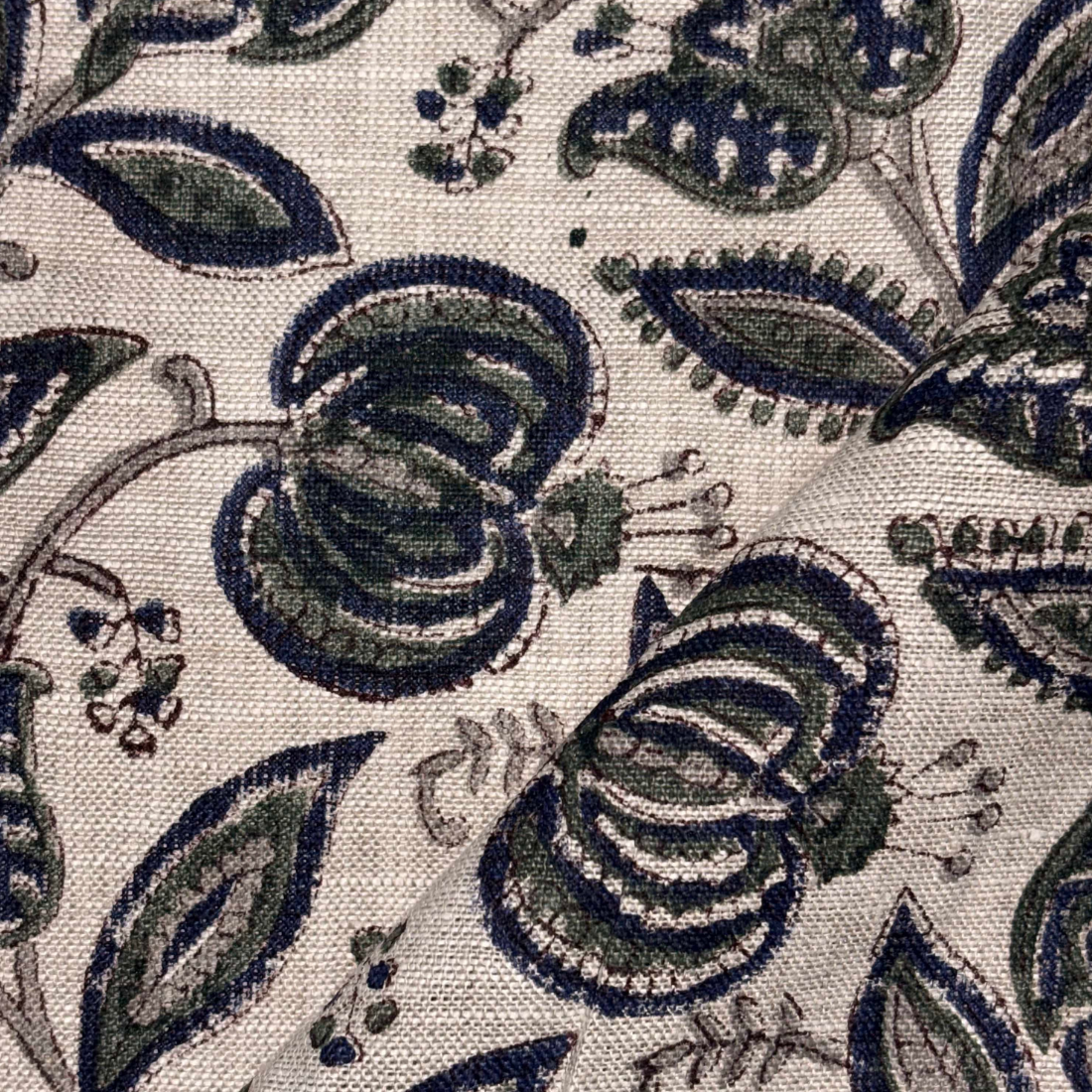 Close-up of fabric with blue and green floral pattern